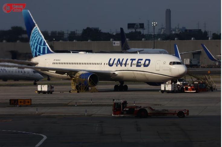 A United plane at the Newark liberty international airport in Newark, New Jersey, on 16 July 2024. Photograph: Jakub Porzycki/NurPhoto/Rex/Shutterstock