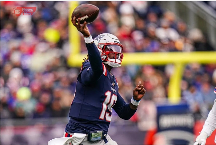 Jan 5, 2025; Foxborough, Massachusetts, USA; New England Patriots quarterback Joe Milton III (19) throws a pass against the Buffalo Bills in the first half at Gillette Stadium