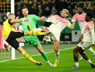 Dortmund's German defender, Waldemar Anton, Bayer Leverkusen Dutch goalkeeper Mark Flekken and Bayer Leverkusen's German midfielder Robert Andrich